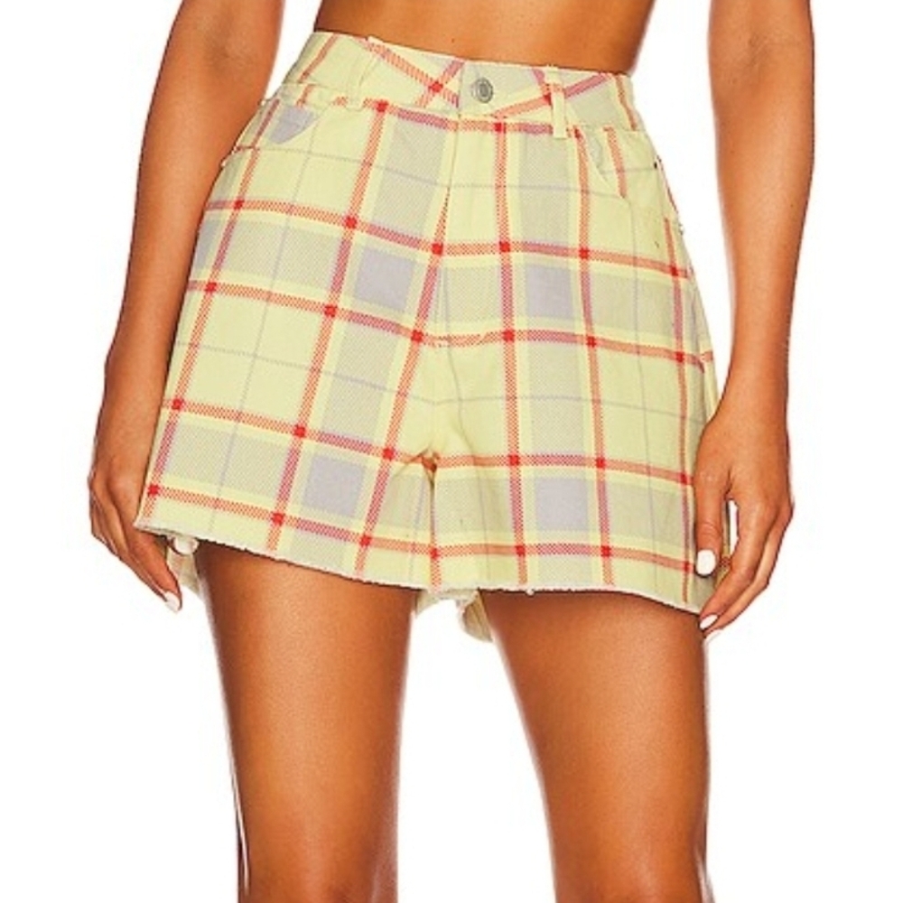 WeWoreWhat Plaid Boyfriend Shorts Yellow Red Grey Garden Glade 100% Cotton 25